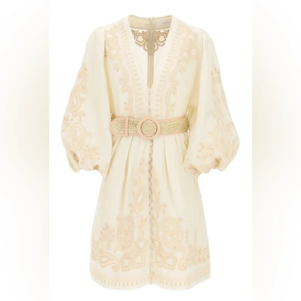 Zimmermann Estelle Embroidered Long‎ Balloon Sleeve Linen Dress Bohemian Fairy - Picture 7 of 8